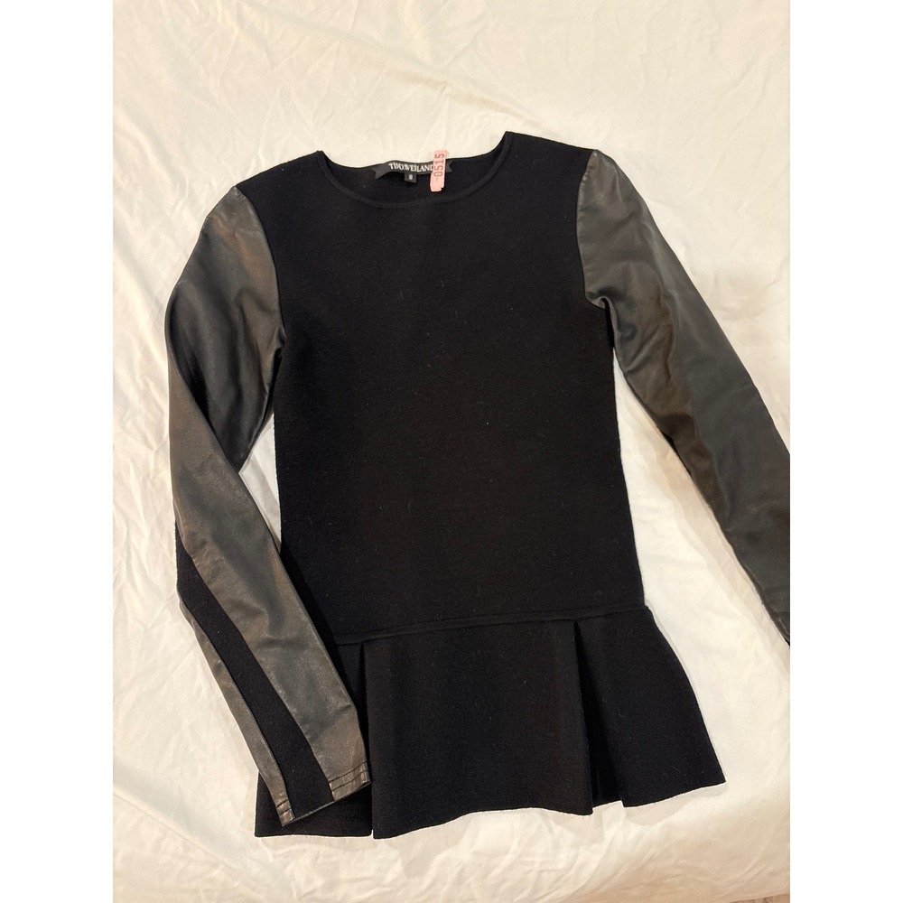 Timo Weiland Womens Black Merino Wool Peplum Top Faux Leather Sleeves Small